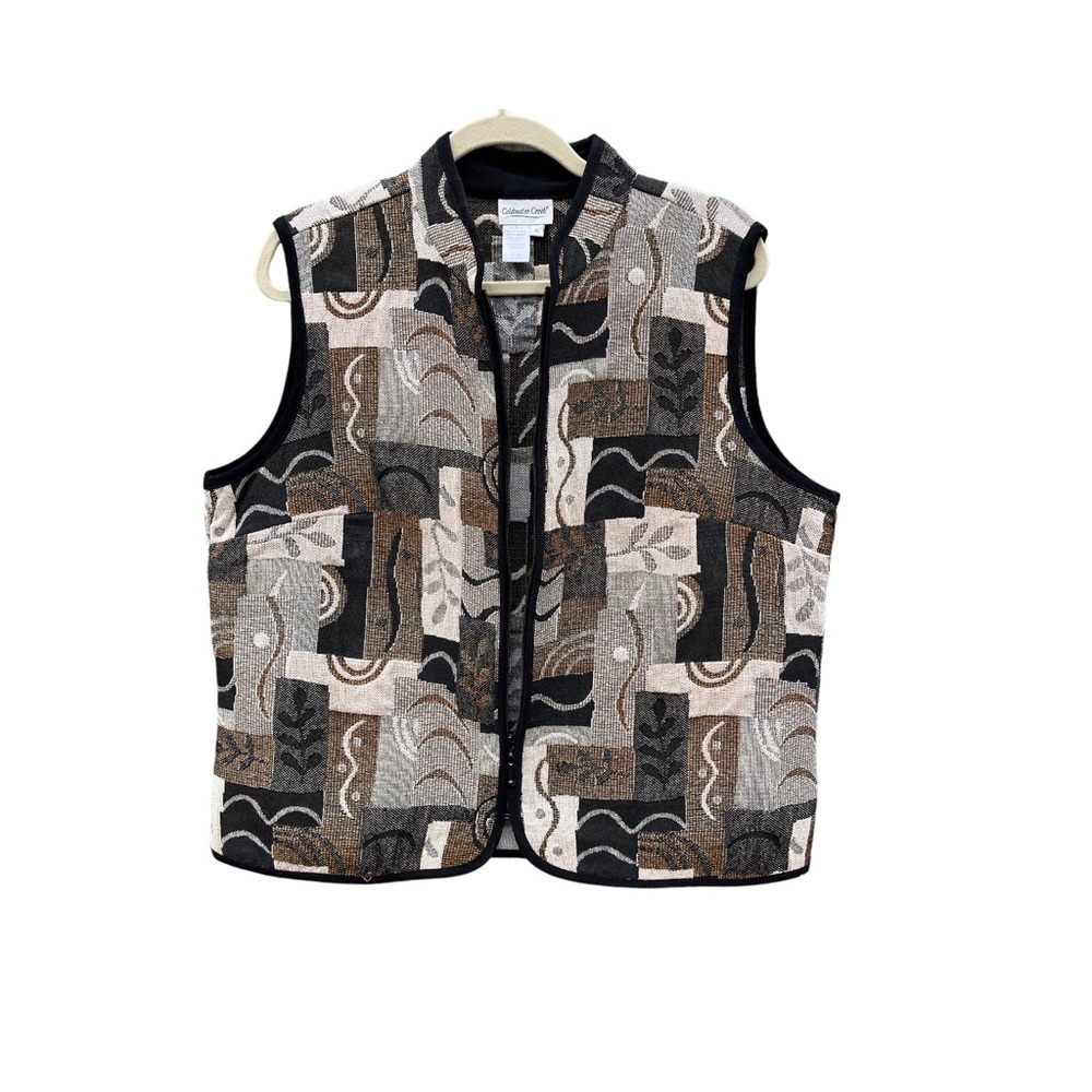 Coldwater Creek XL Tapestry Vest Made in USA Black Gray Brown Neutrals Zip